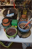 Bushel baskets, plant stand, flower pots, etc