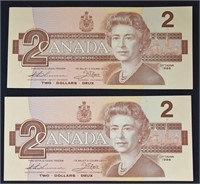 2 pcs 1986 CAD CONSECUTIVE $2 Banknotes