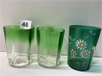 ENAMELED FLOWER DESIGN GLASS AND 2 TONE GREEN