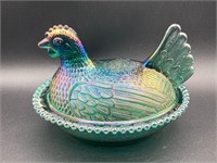 Indiana Glass Iridescent Green Hen Candy Dish