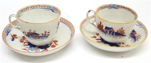 Pair of English Imari-Style Tea Cups & Saucers
