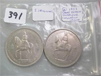 2- 1953 Great Britain Coronation Crown 5 Shilling