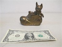 Vintage Solid Brass Cat/Kitten In Shoe Paperweight