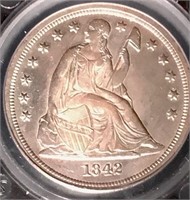 1842 Seated $1 Silver Dollar  AU-58 SEGS