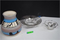 Native American Pottery & Glass Bowl w/Silver