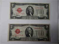 (2) 1928-D Red Seal $2 Dollar Bill