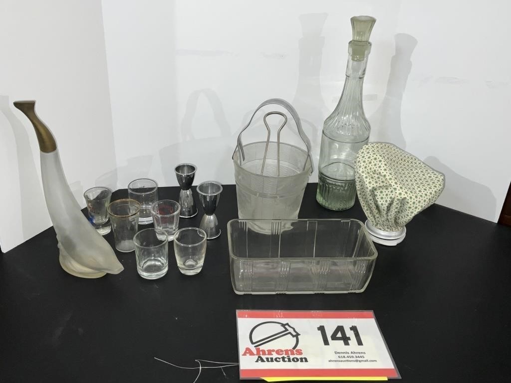 Glassware, Avon decanter, ice bucket, ice bag
