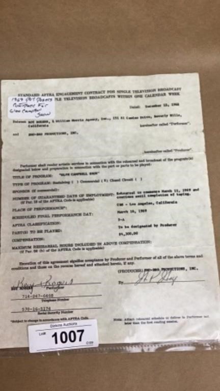 1969 Roy Rodgers contract for Glenn Campbell show