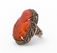 Chinese Export Carnelian Buddha Silver Ring