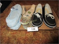 Box of 2 bedroom slippers and 1 pair of black