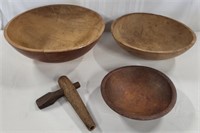 3 round Wood Bowls and 1 Wood Spigot
