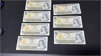 7 Canadian 1973 One Dollar Bills