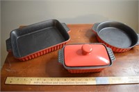 Set of Red Cast Iron Enamel Baking Pans