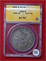 1880 Morgan Silver Dollar ANACS AU50 VAM16 Hot 50