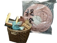 Wicker Basket with Bird Statue and Decorative Obje