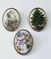Trio of Porcelain Christmas Winter Oval Brooches