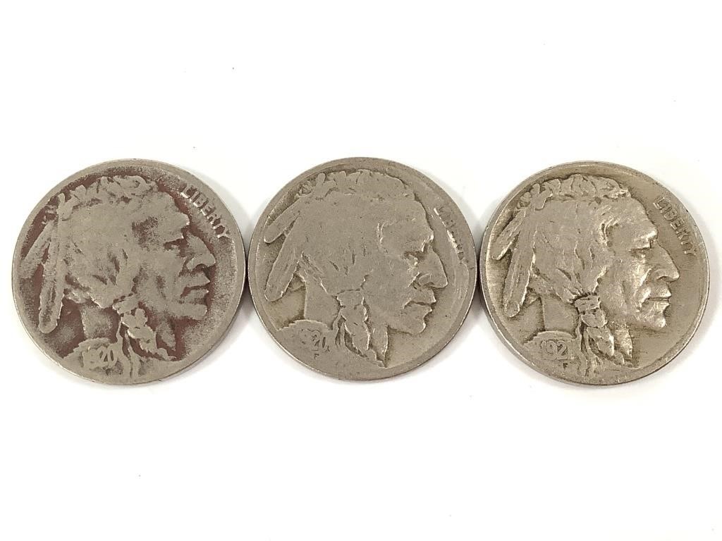 3 Buffalo Nickels; 1920-D, 1920-S, 1921
