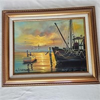 Fishing Boat Oil Painting Framed 21 x 17