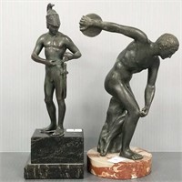 2 bronze statues on bases discus thrower 9 3/4"