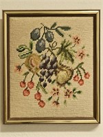 Needlepoint Textile Art w/ Fruit & Flower, Framed