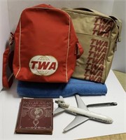 Lot w/ TWA Bags, Pan-Am Blanket, World Atlas,