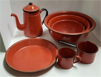 Red Enamelware Coffee & Mixing Bowl Set