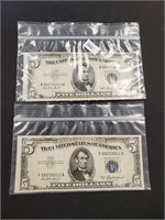 2 1953 Blue Seal Five Dollar Bills.