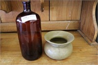 Stoneware Spittoon and Amber Bottle