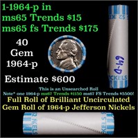 BU Shotgun Jefferson 5c roll, 1964-d 40 pcs Bank $