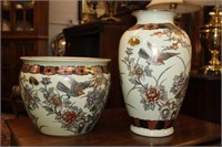 2pc Handpainted Vase and planter w/ gold color
