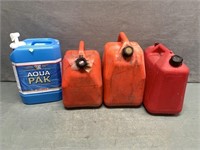 3 Gas Cans, Water Jug