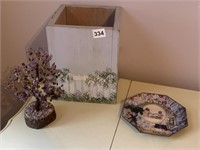 AMETHYST WIRE TREE, PAINTED WOODEN TRASH CAN,