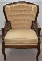 Vtg Cane Weave Tufted Light Gold Parlor Arm Chair