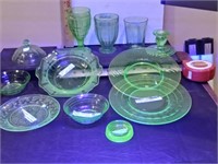 group of 1930's green uranium glass dishes