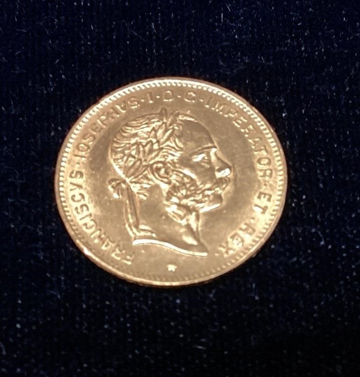 1892 FRANZ JOSEF AUSTRIAN GOLD 10 FRANC COIN