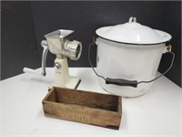 Enamel Ware Pot w Lid, Cheese Crate & Grinder