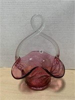 Cranberry Glass Basket with clear handle