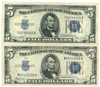 (2) 1934 $5 Silver Certificates