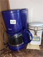 BLUE COFFEE MAKER AND COFFEE CONTAINER