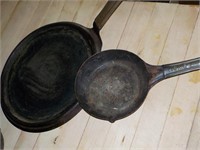 2 early tin skillet and pan