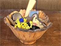 Wooden Bowl of Misc Vintage Items