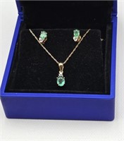 10K Gold Emerald/Diamond Necklace & Earrings