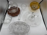 Assorted glassware etched platter and more