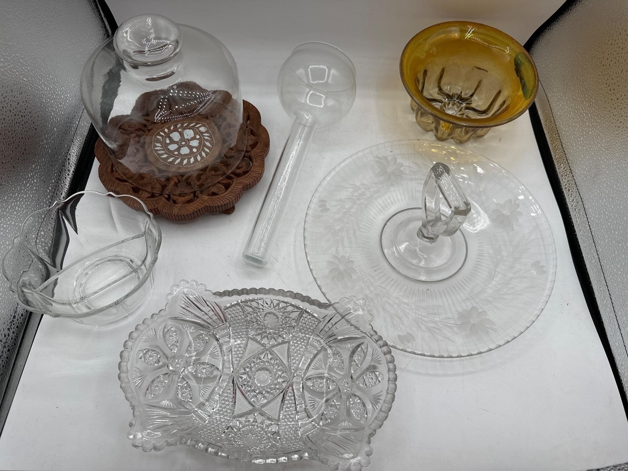 Assorted glassware etched platter and more