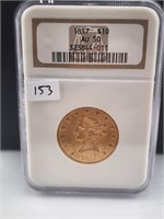 1857 $10 Gold Liberty NGC AU50