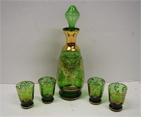 Vintage Green and Gold Glass Decanter Set