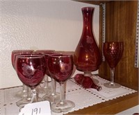 Etched Cranberry Glass Vase & Stemware