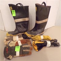 FIREMAN'S BOOTS & (5) PAIR OF GLOVES