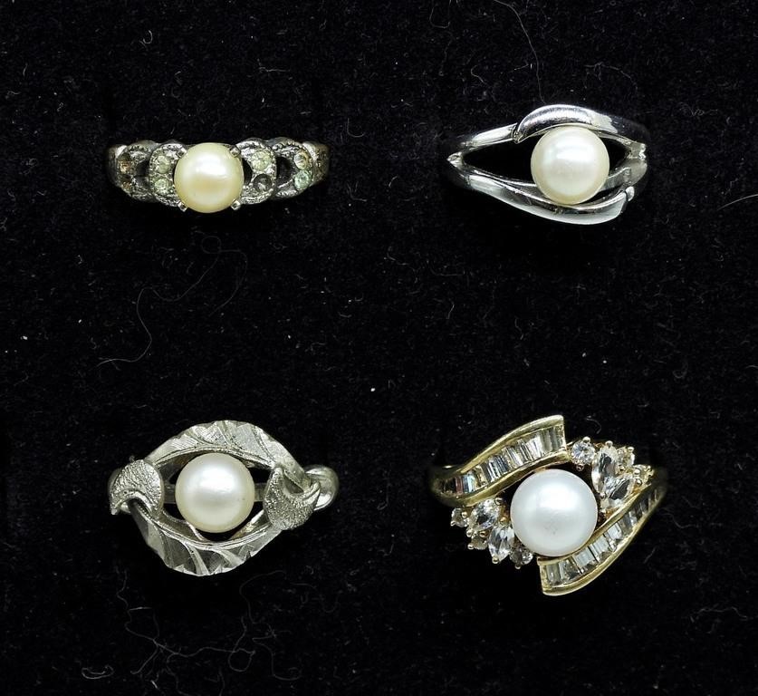 4 STERLING PEARL RINGS