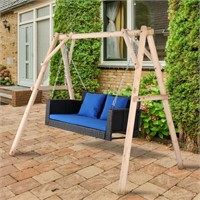 E8014  Zimtown Patio Wicker Swing, Blue Cushion